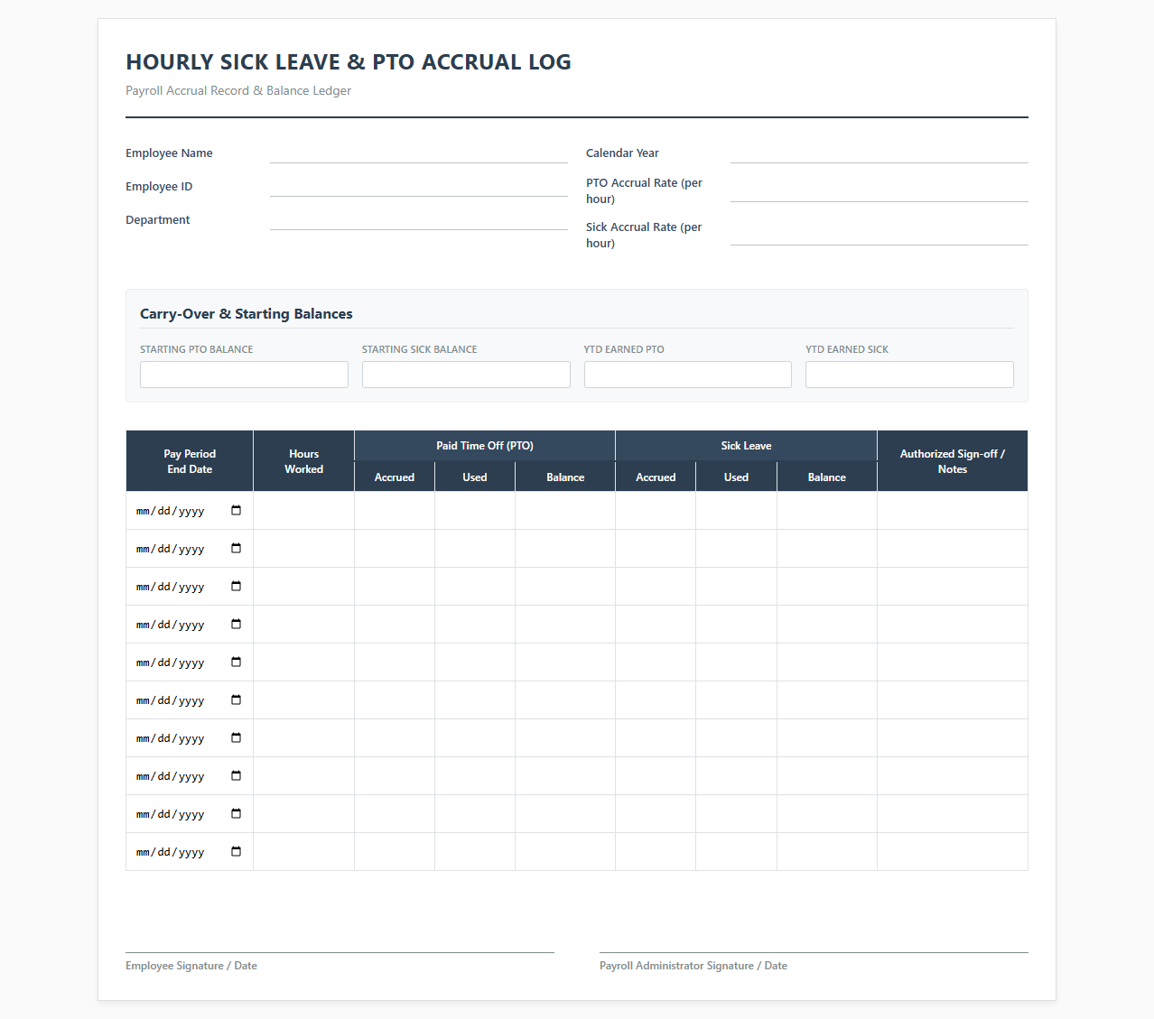 Hourly Sick Leave and PTO Accrual Log