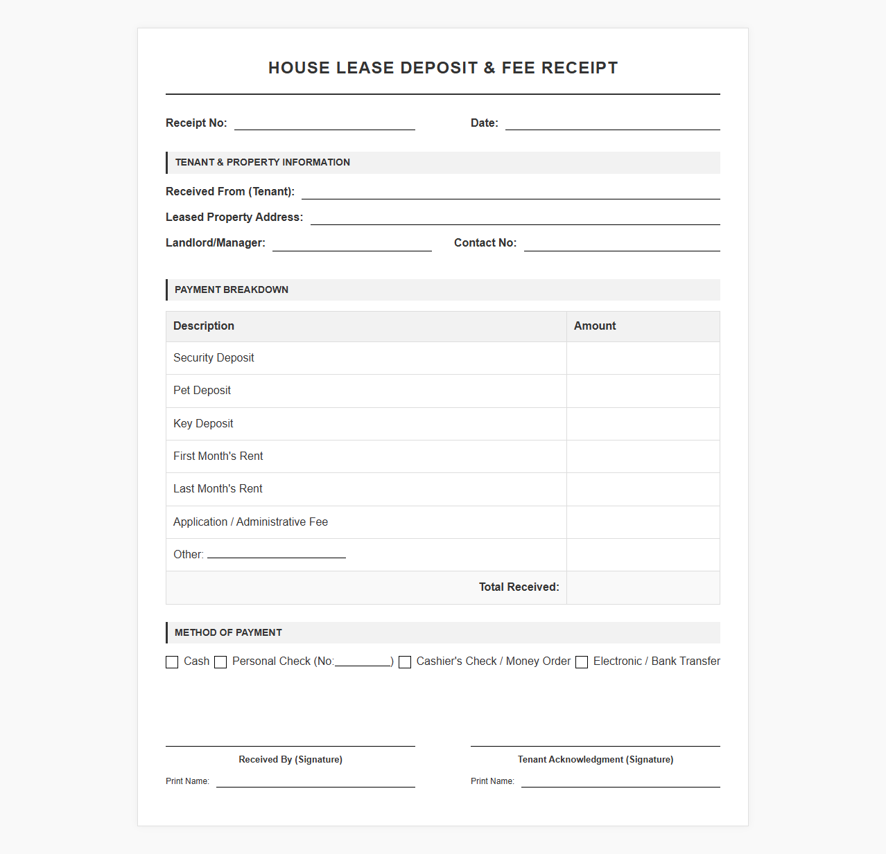 House Lease Deposit and Fee Receipt