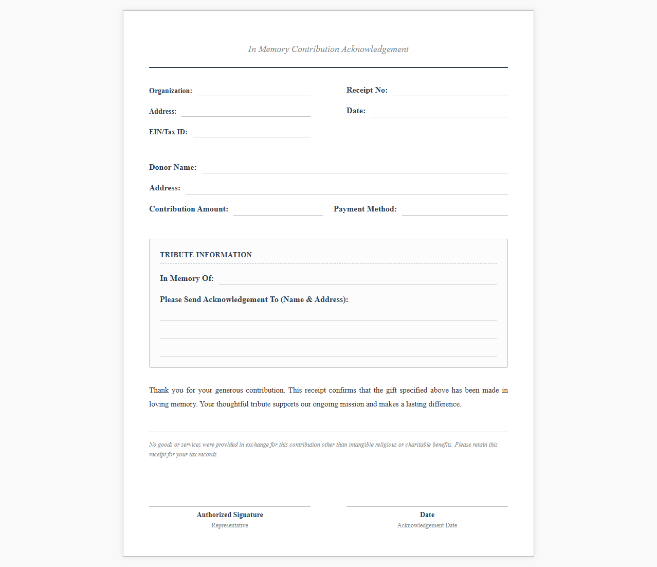 In Memory Contribution Acknowledgement Receipt Form