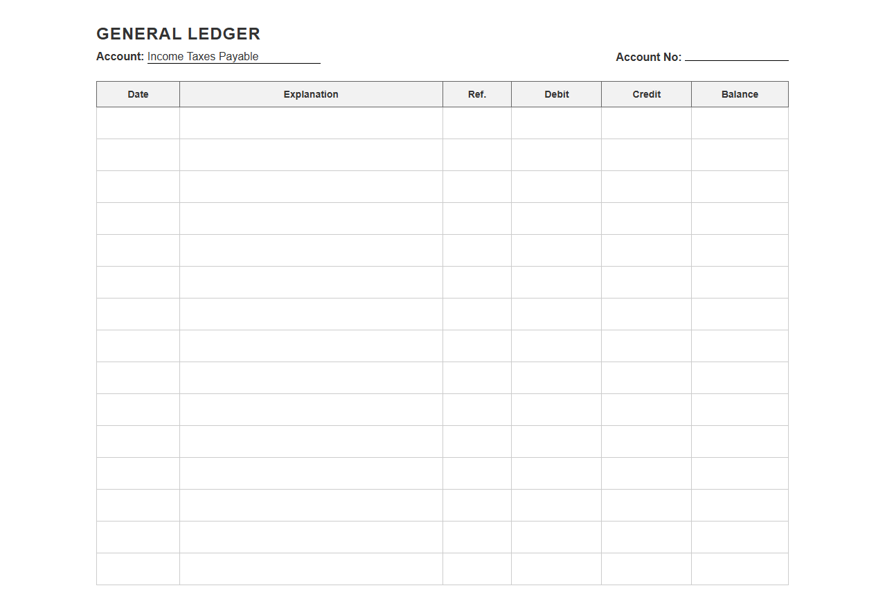 Income Taxes Payable General Ledger Template