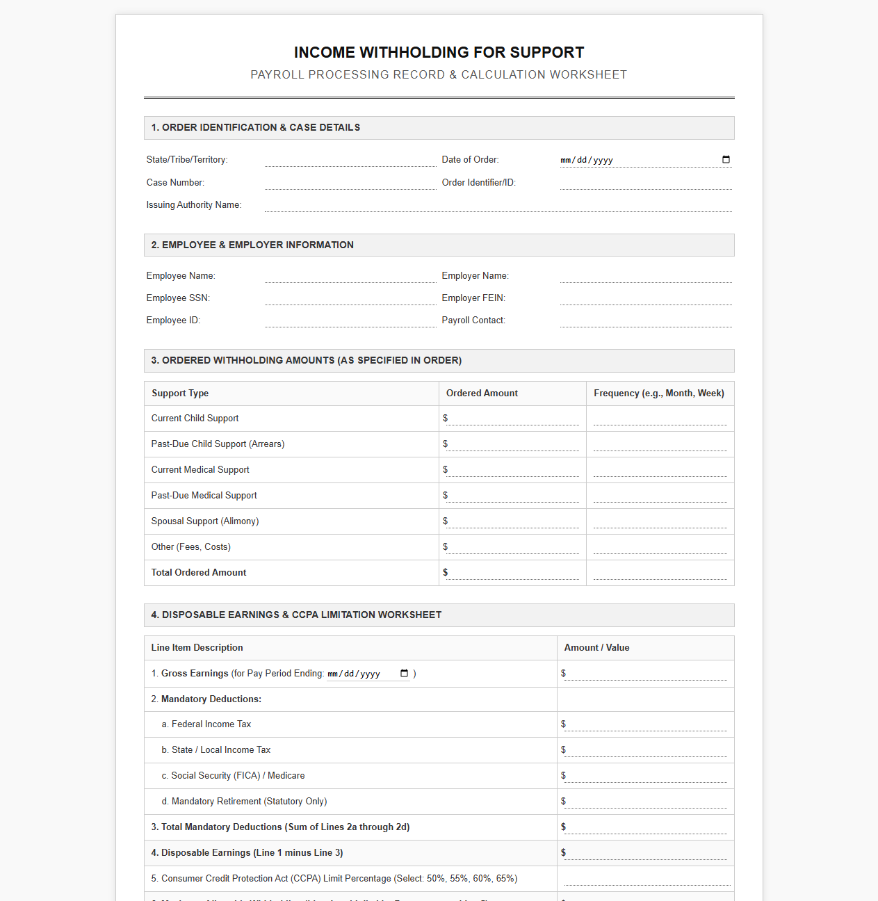 Income Withholding Order Payroll Processing Template