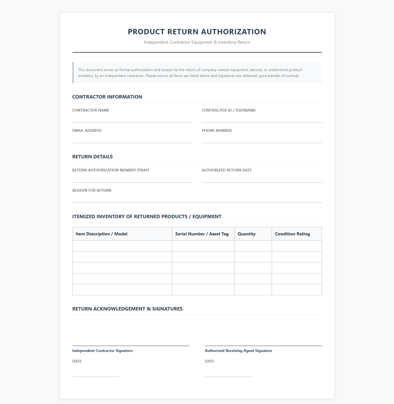Independent Contractor Product Return Authorization
