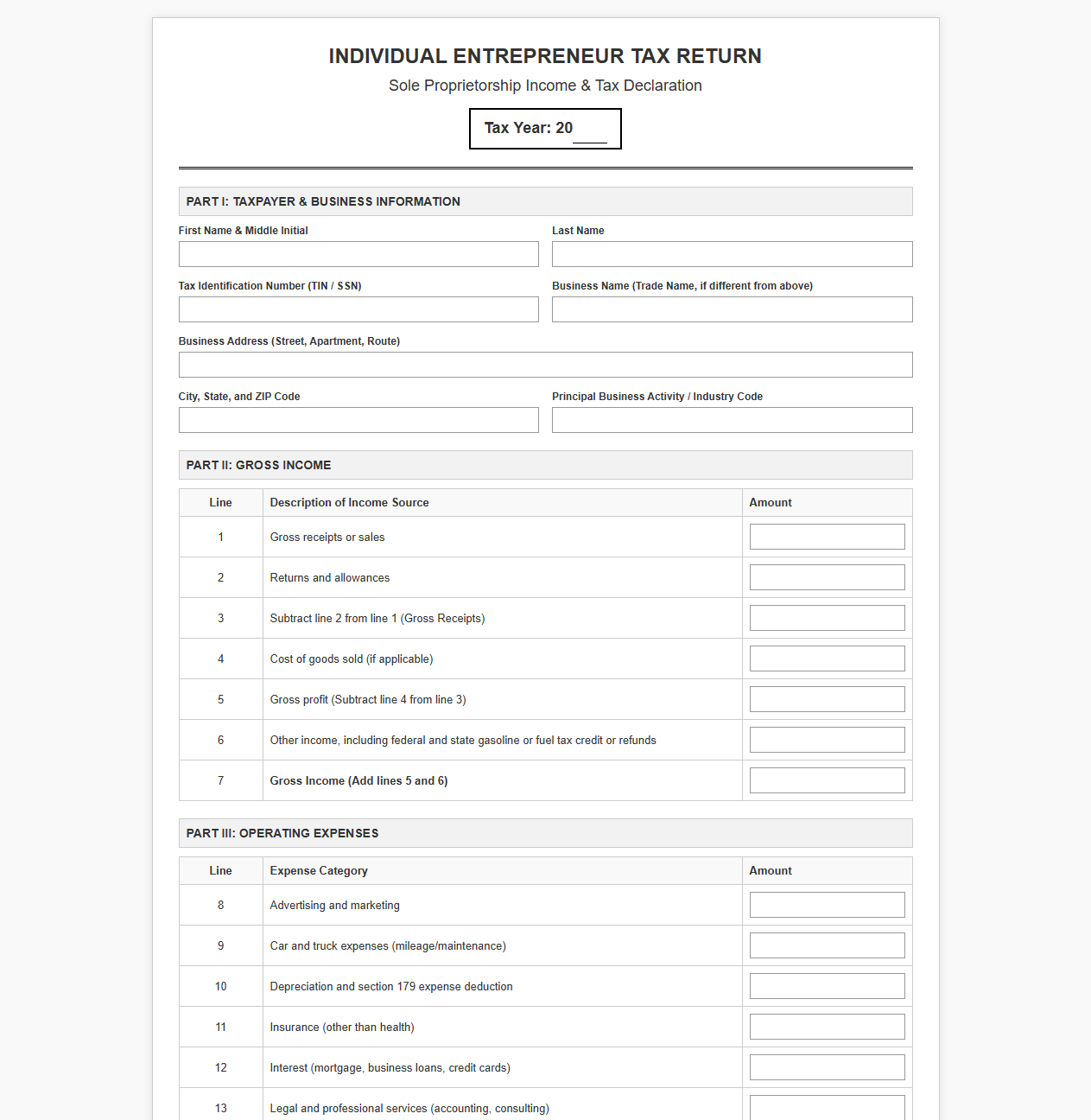 Individual Entrepreneur Tax Return Template