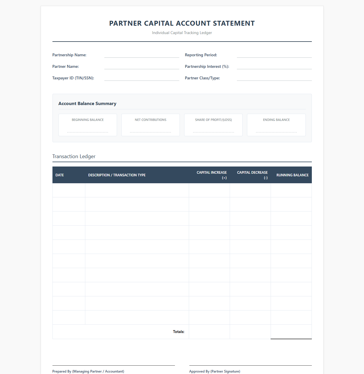 Individual Partner Capital Account Tracking Sheet