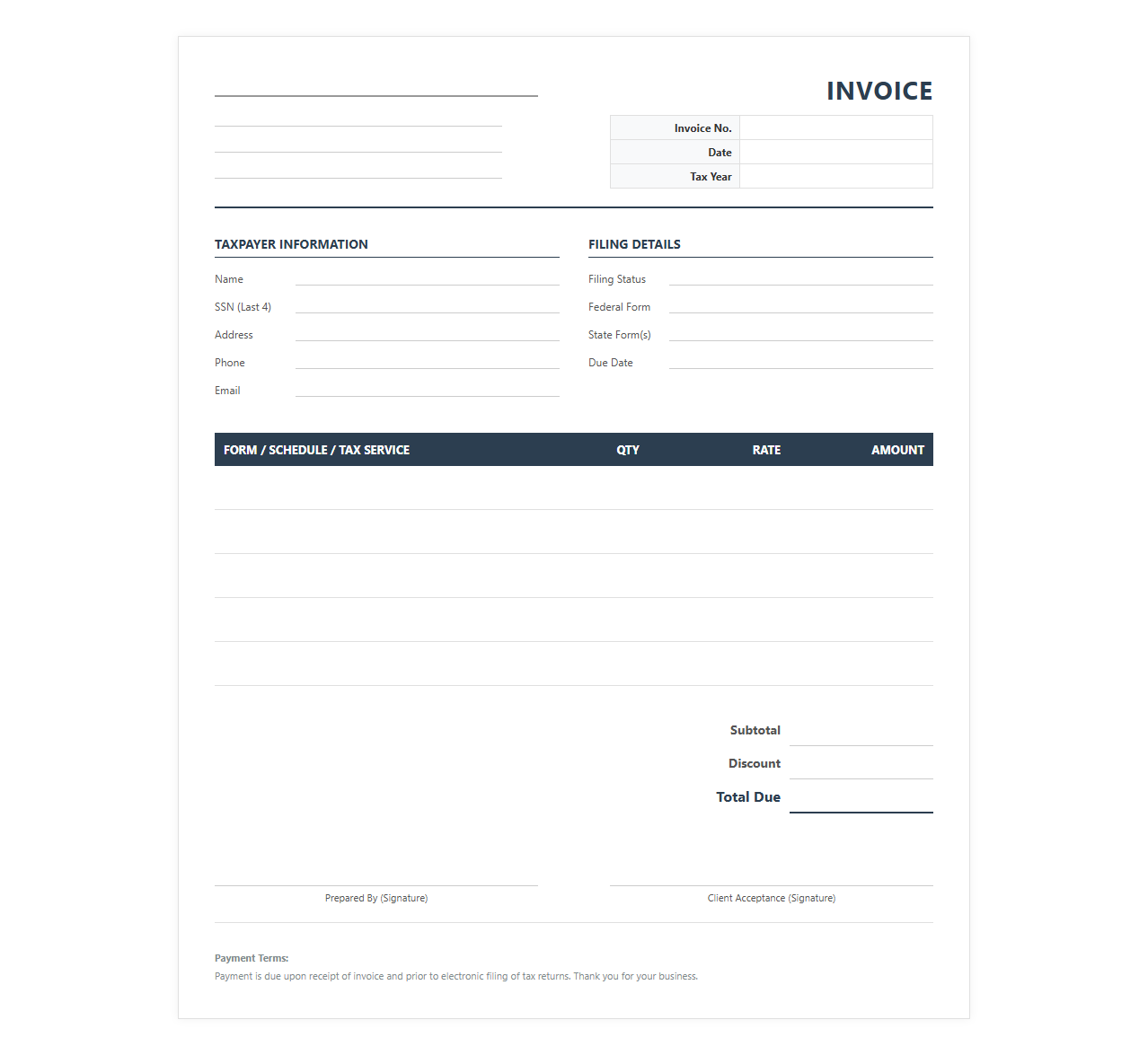 Individual Tax Return Preparation Invoice