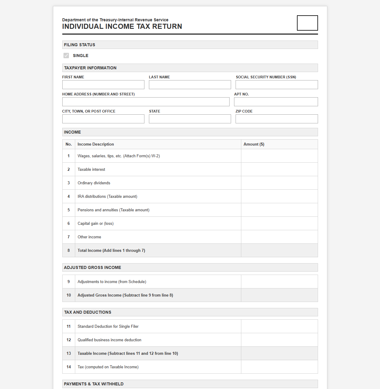 Individual Tax Return Template for Single Filers