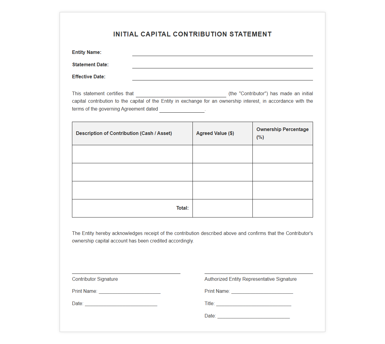 Initial Capital Contribution Statement Template