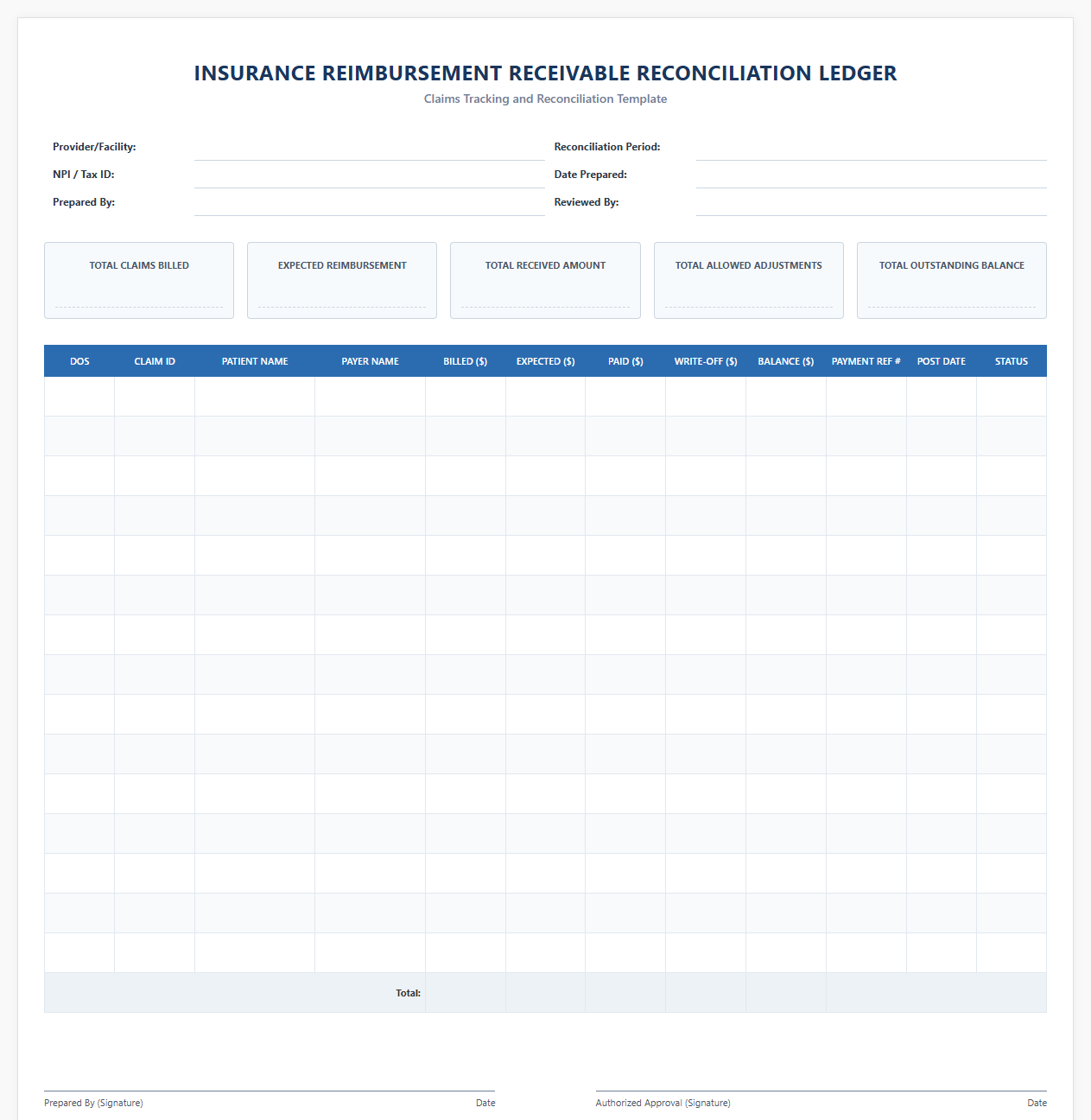 Insurance Reimbursement Receivable Reconciliation Ledger