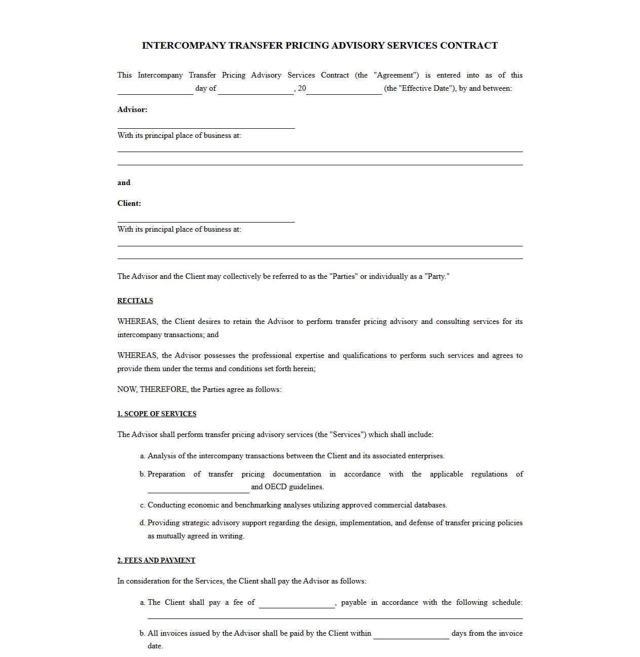Intercompany Transfer Pricing Advisory Services Contract