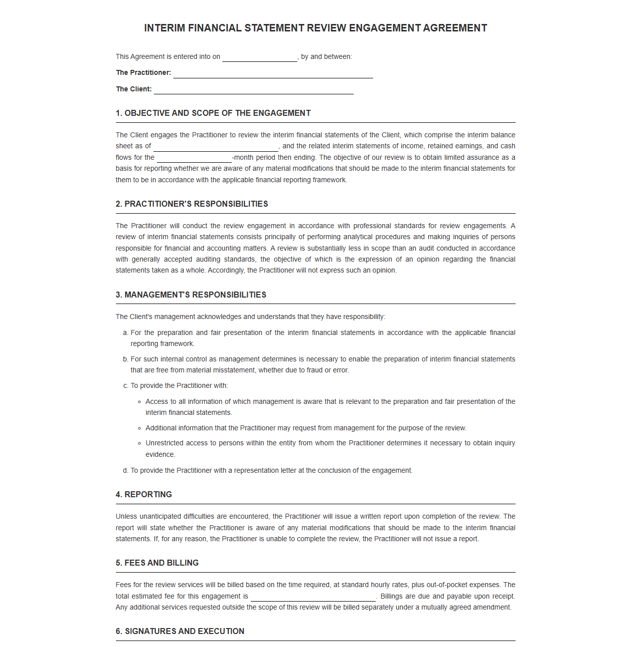 Interim Financial Statement Review Engagement Agreement