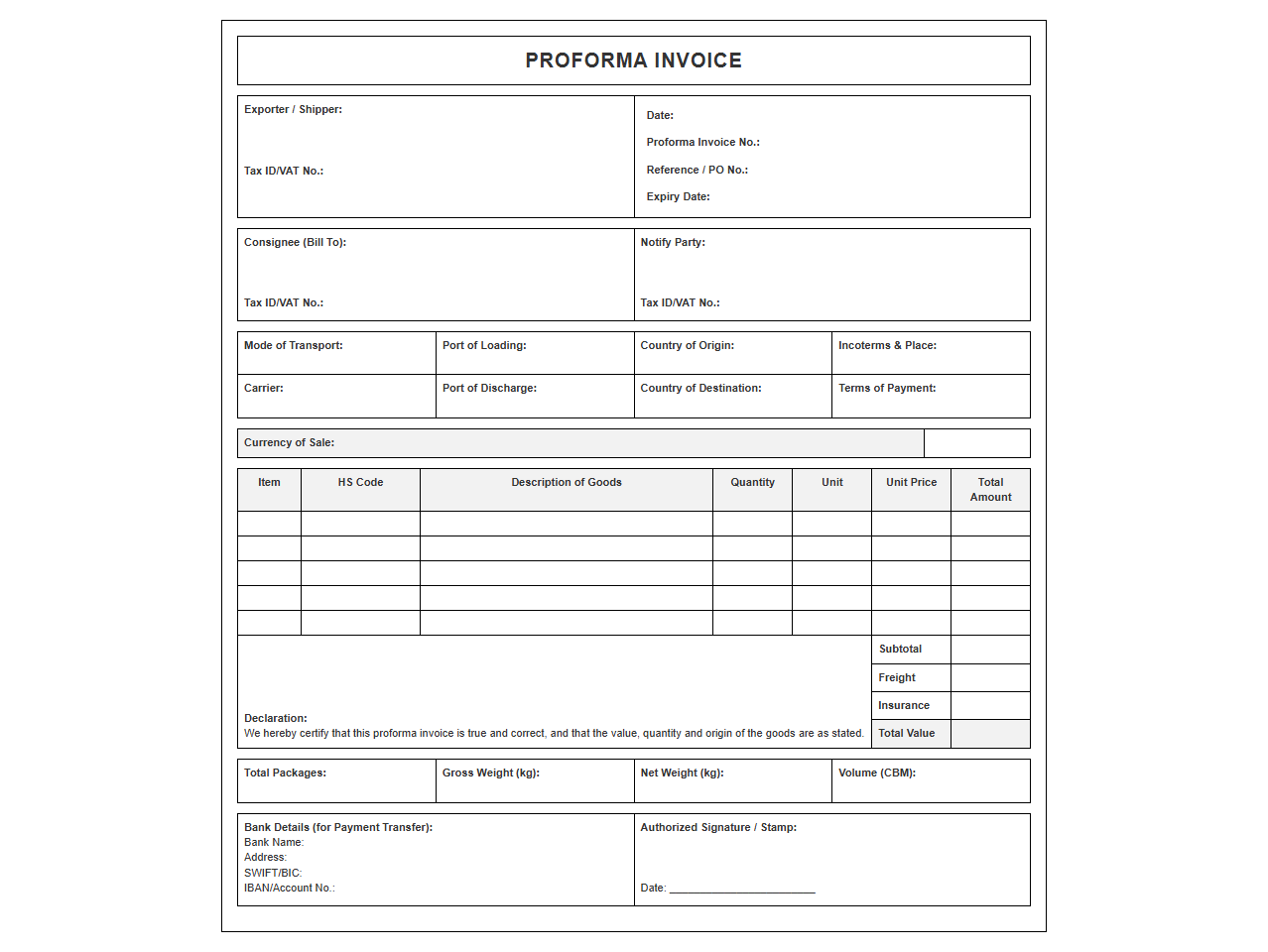 International Commercial Proforma Invoice Template