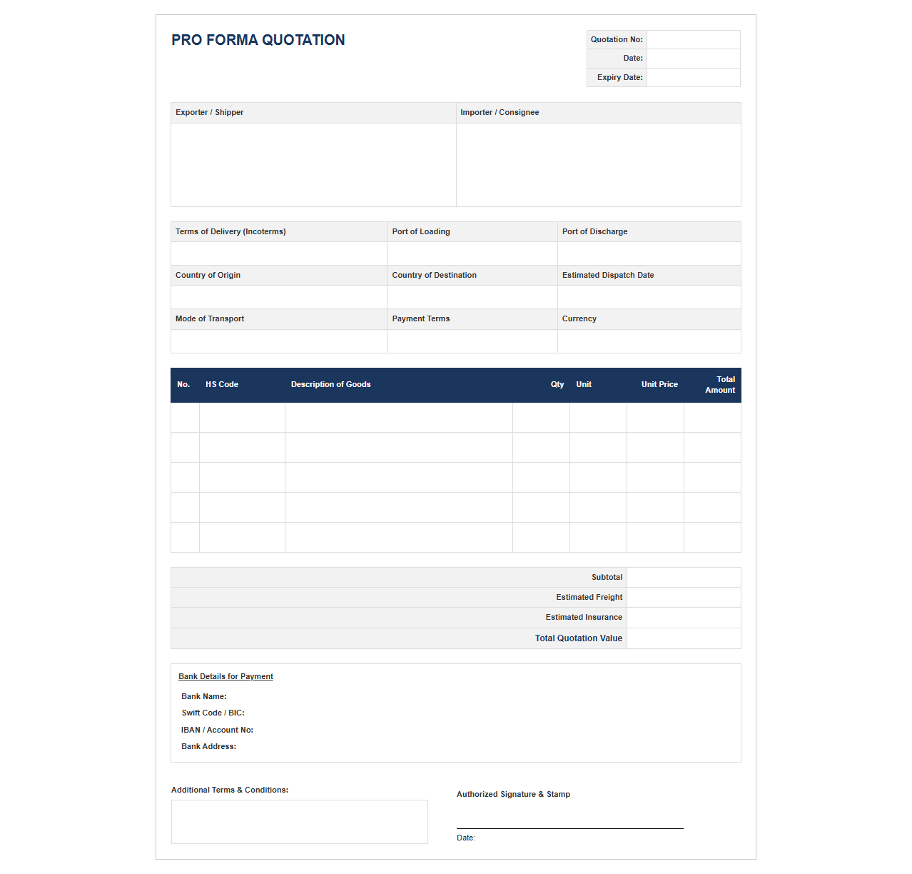 International Trade Pro Forma Quotation Template