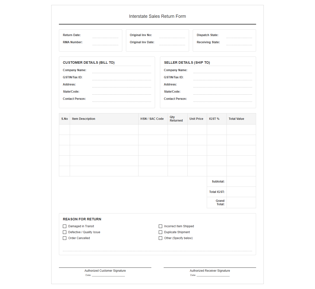 Interstate Sales Return Form Template