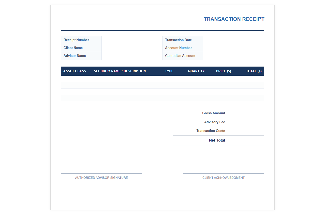Investment Advisory Transaction Receipt Template
