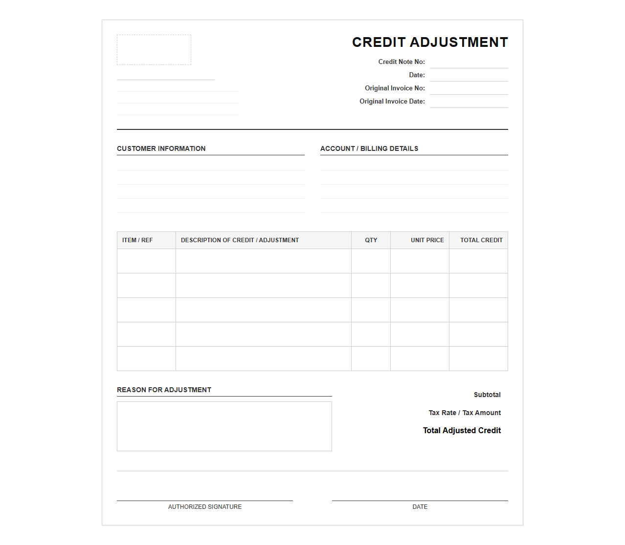 Invoice Credit Adjustment Form