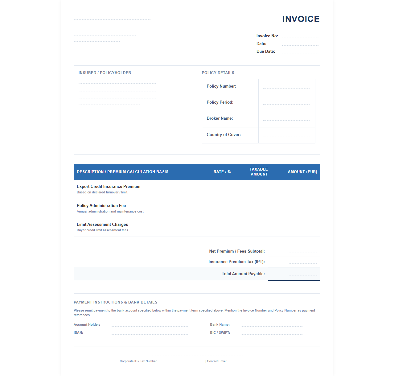Invoice for Export Credit Insurance Policy