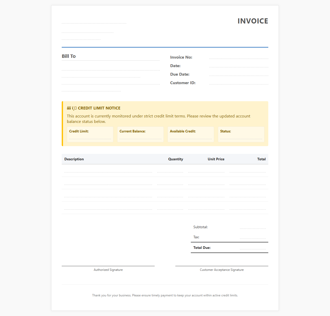 Invoice Template with Credit Limit Warning