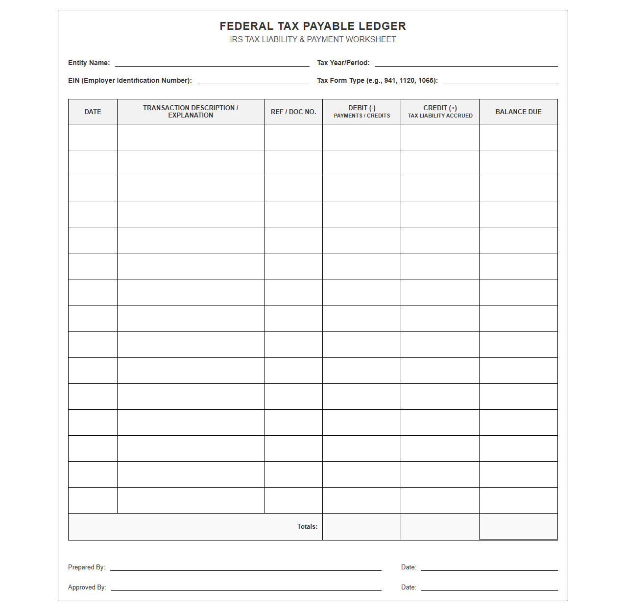 IRS Tax Payable Ledger Worksheet