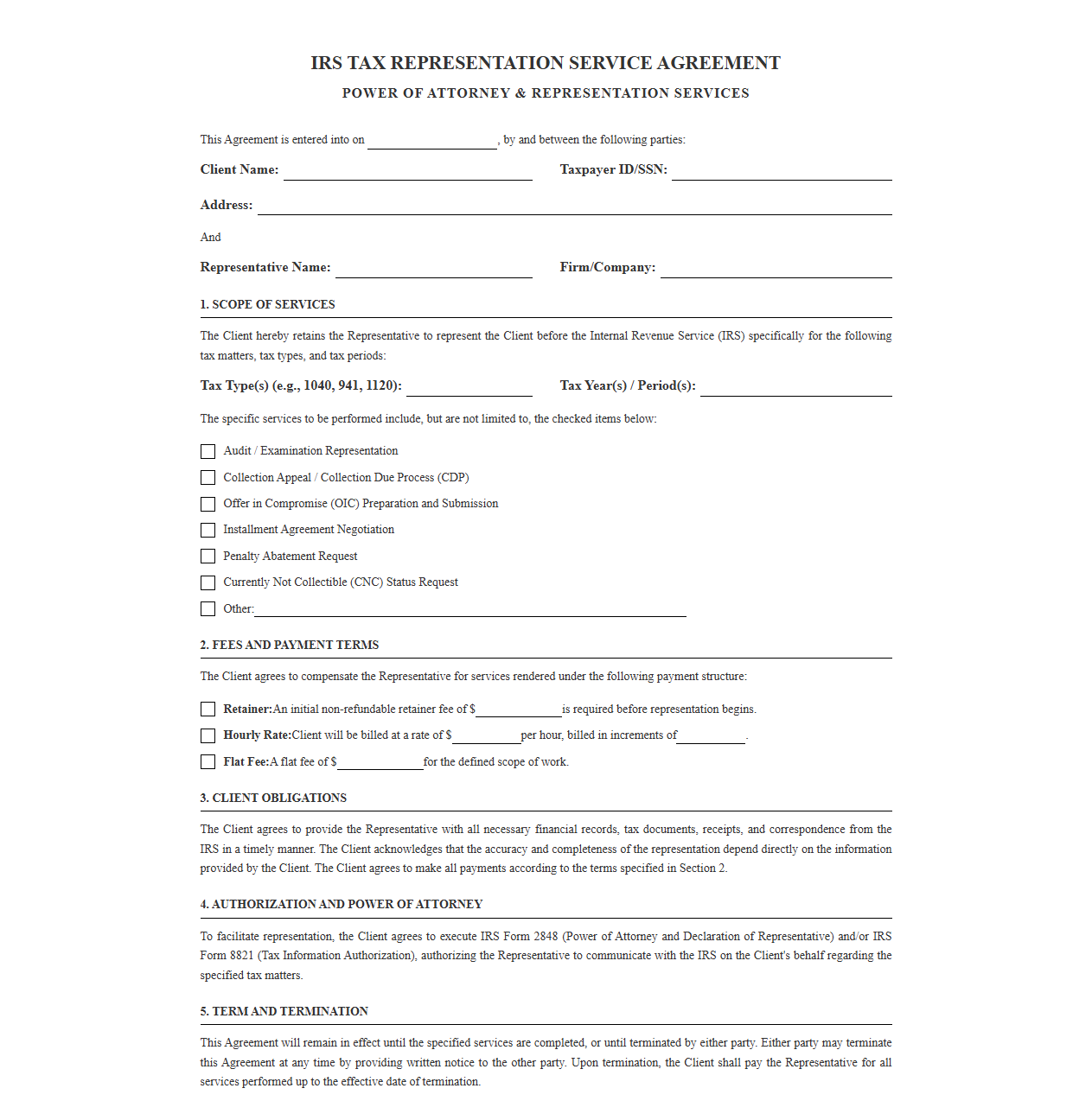 IRS Tax Representation Service Agreement Form