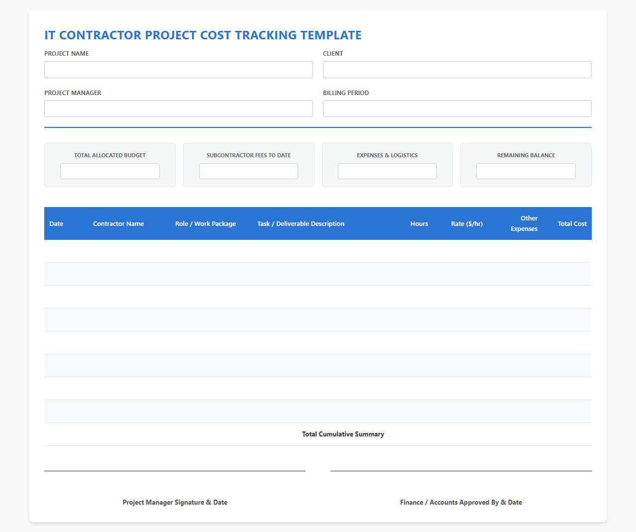 IT Contractor Project Cost Tracking Template
