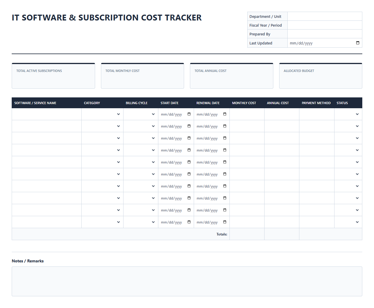 IT Software and Subscription Cost Tracking Template