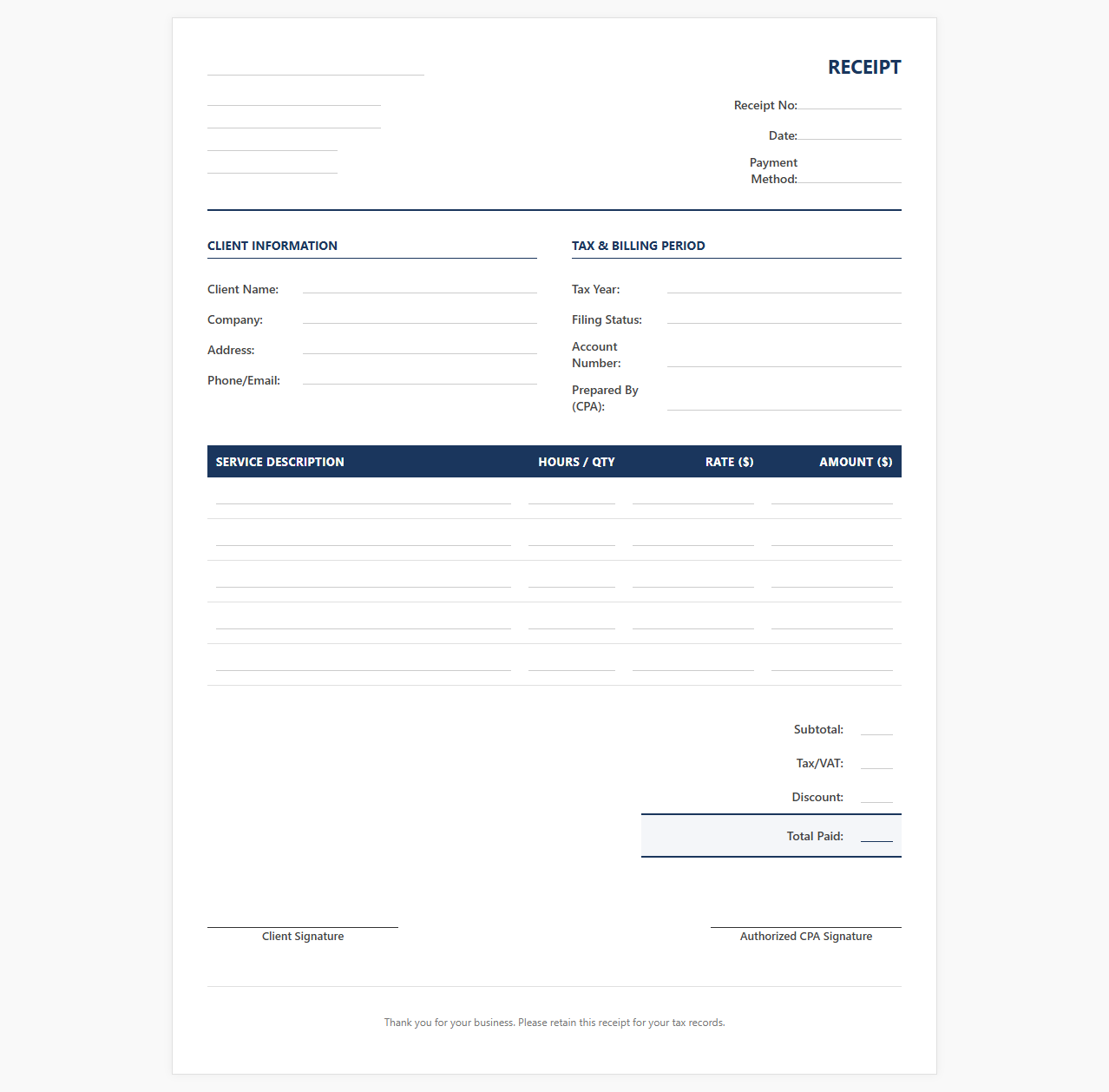 Itemized CPA Billing and Tax Service Receipt