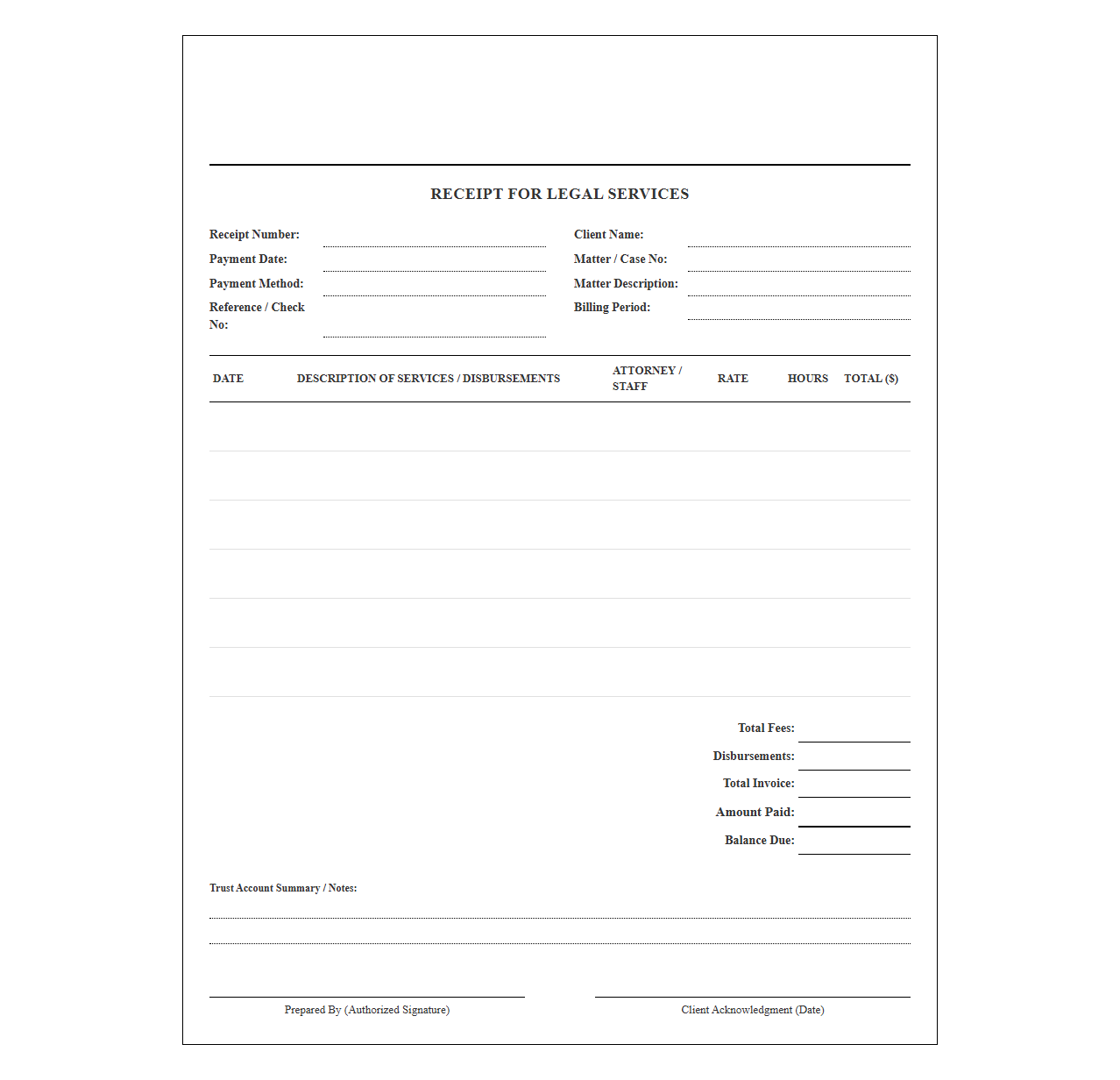 Itemized Legal Services Billing and Payment Receipt