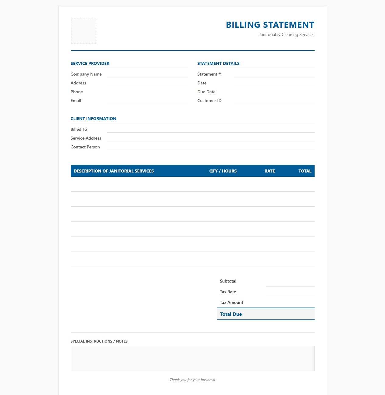 Janitorial Services Billing Statement
