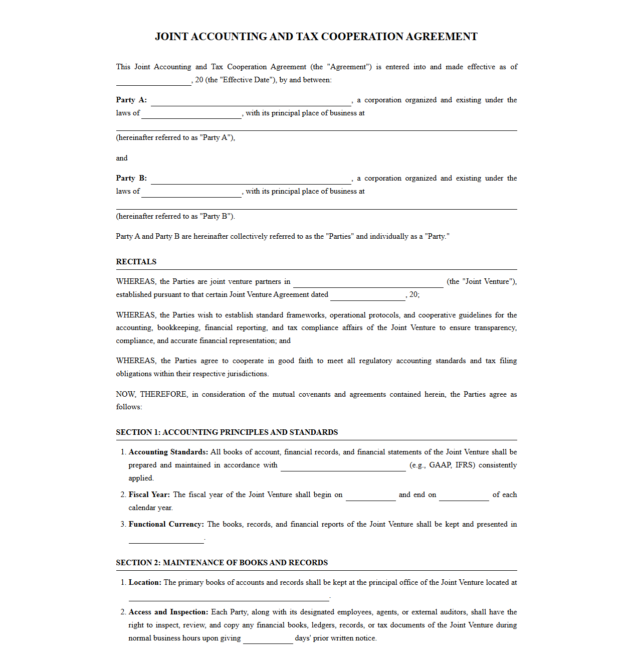Joint Accounting and Tax Cooperation Agreement for JVs