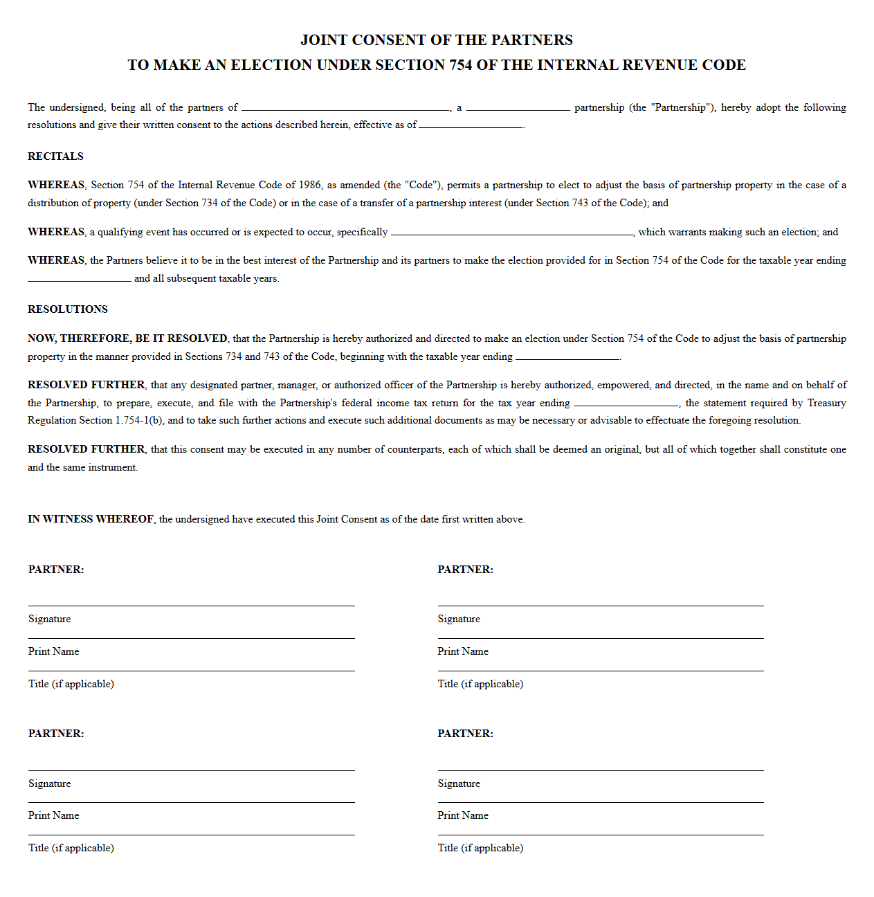 Joint Consent Template for Section 754 Election
