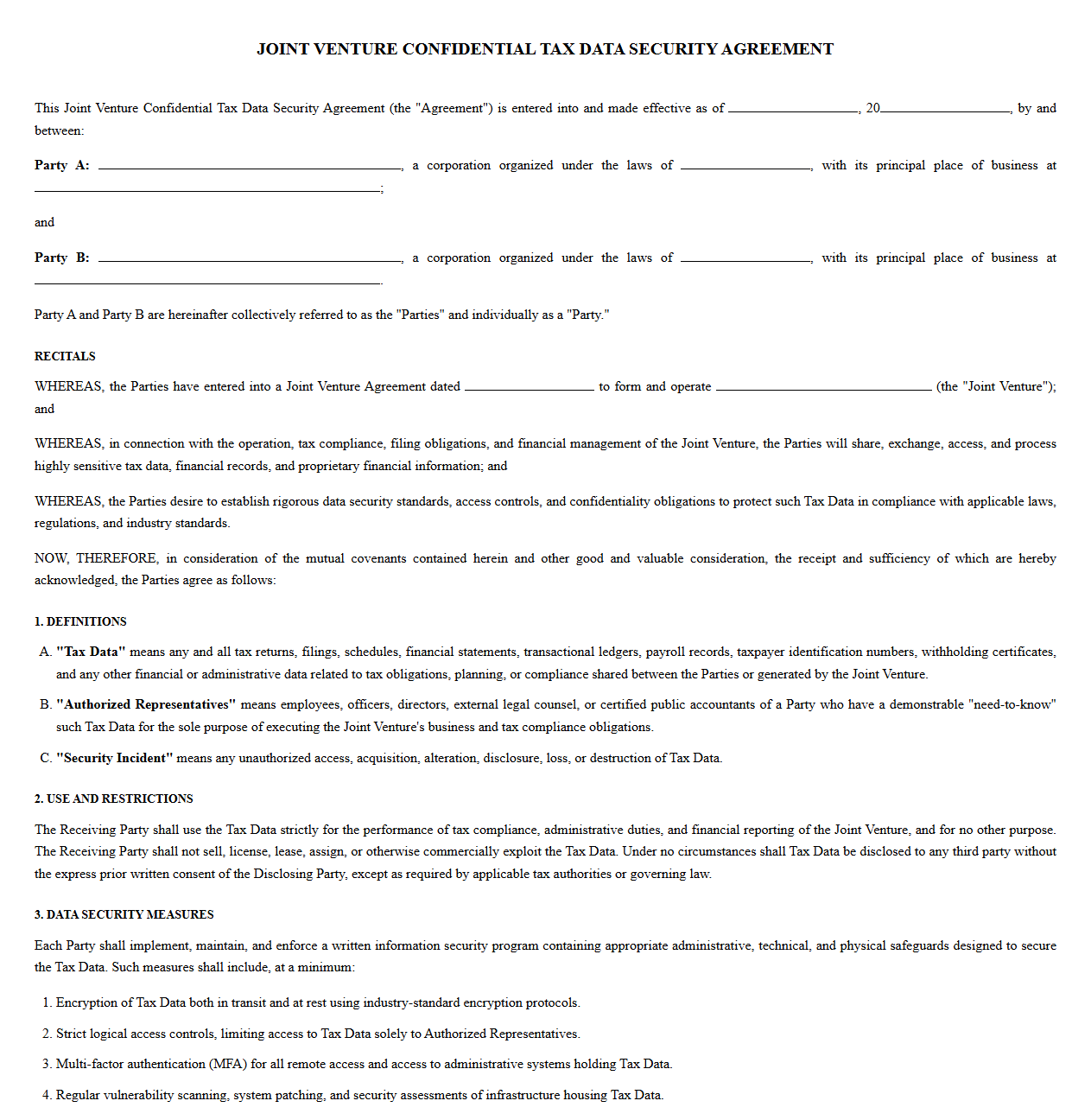 Joint Venture Confidential Tax Data Security Agreement