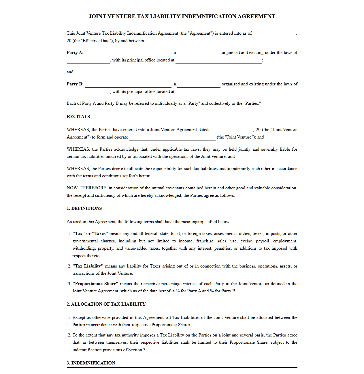 Joint Venture Tax Liability Indemnification Agreement