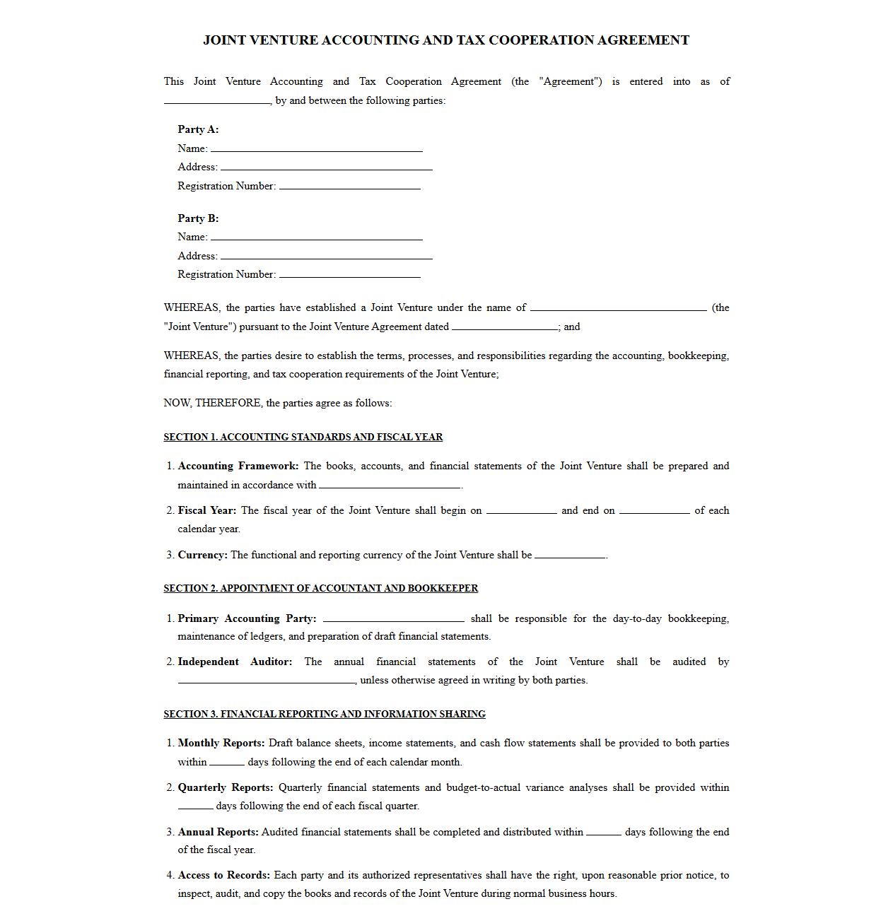 JV Accounting and Tax Cooperation Contract Template