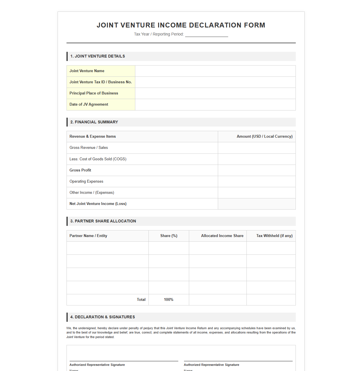 JV Income Declaration Form Template