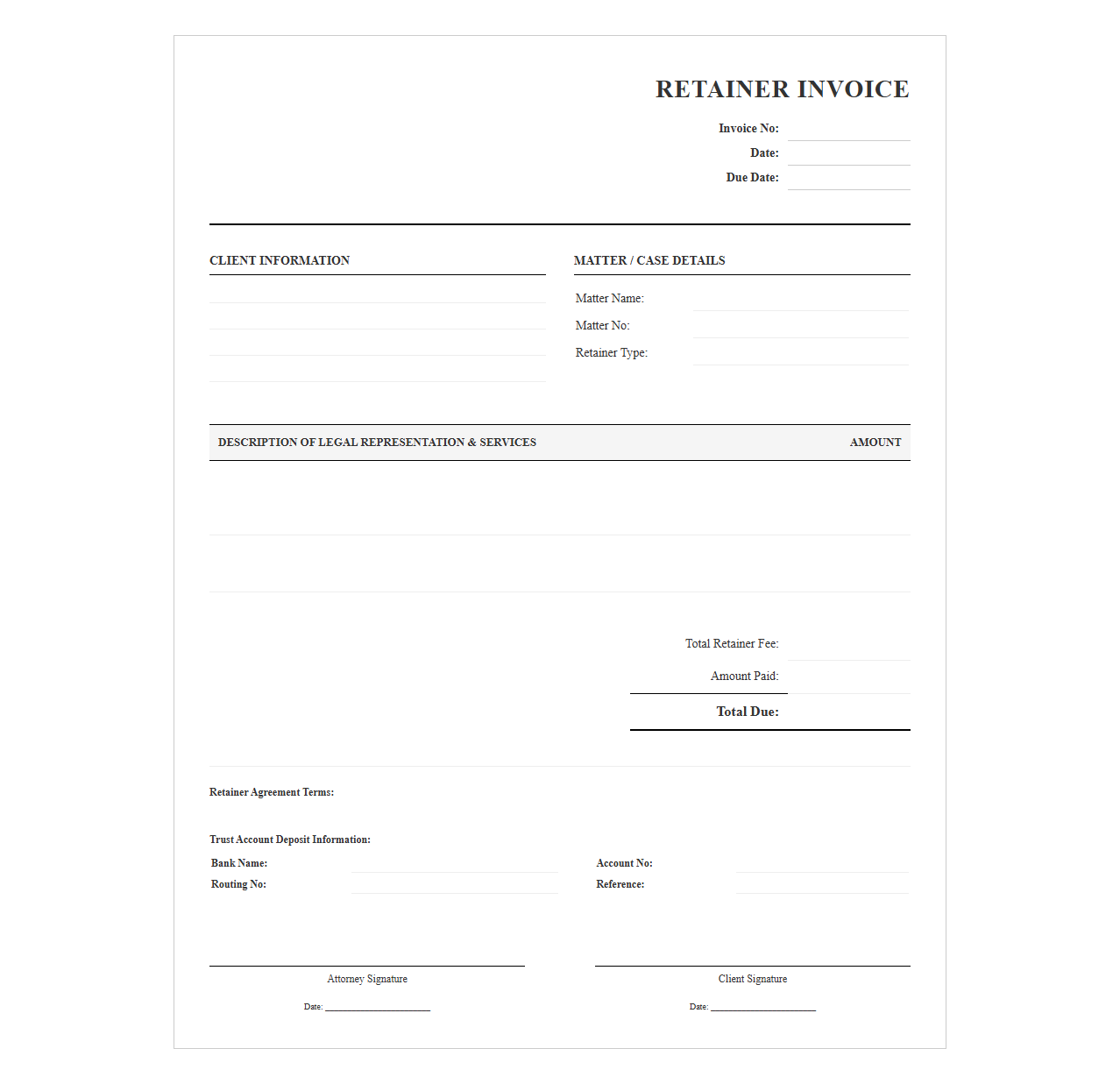 Legal Retainer Agreement Invoice Template