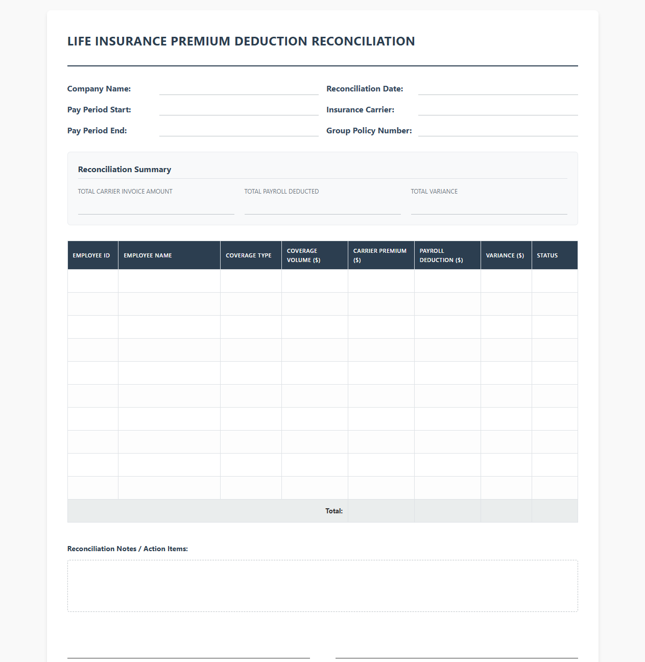 Life Insurance Premium Deduction Reconciliation Template