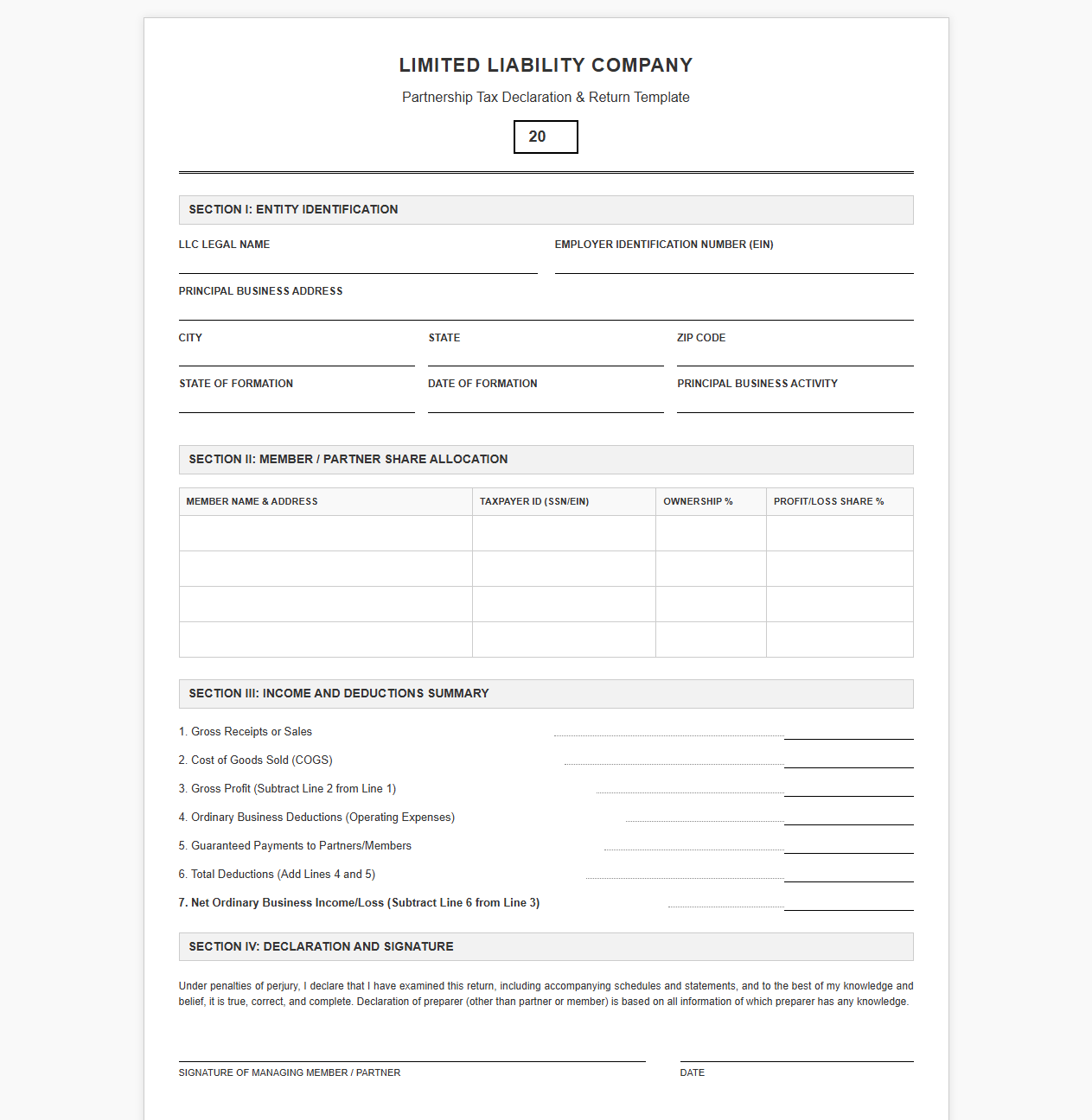 Limited Liability Company Partnership Tax Declaration Template
