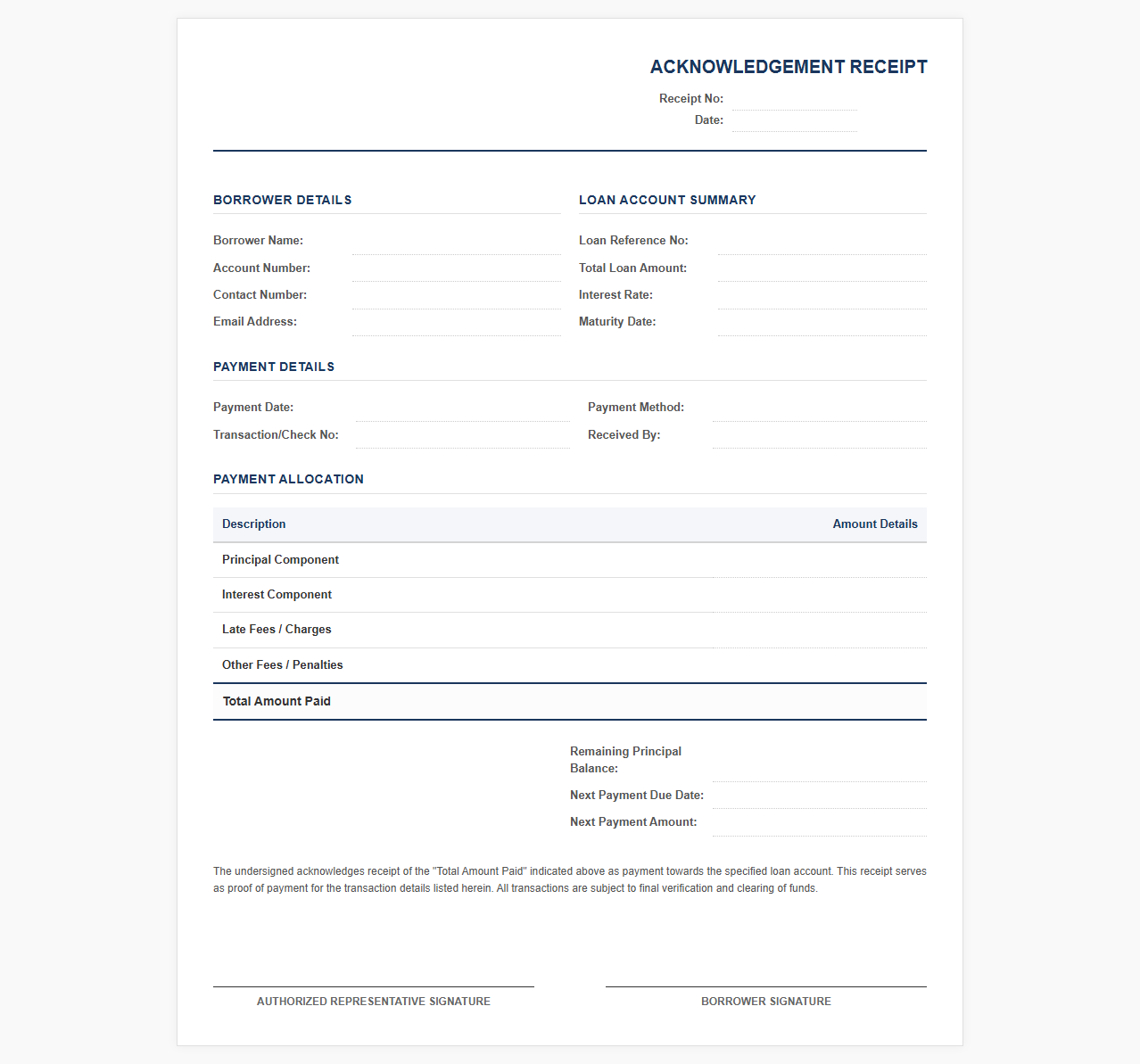 Loan Payment Acknowledgement Receipt