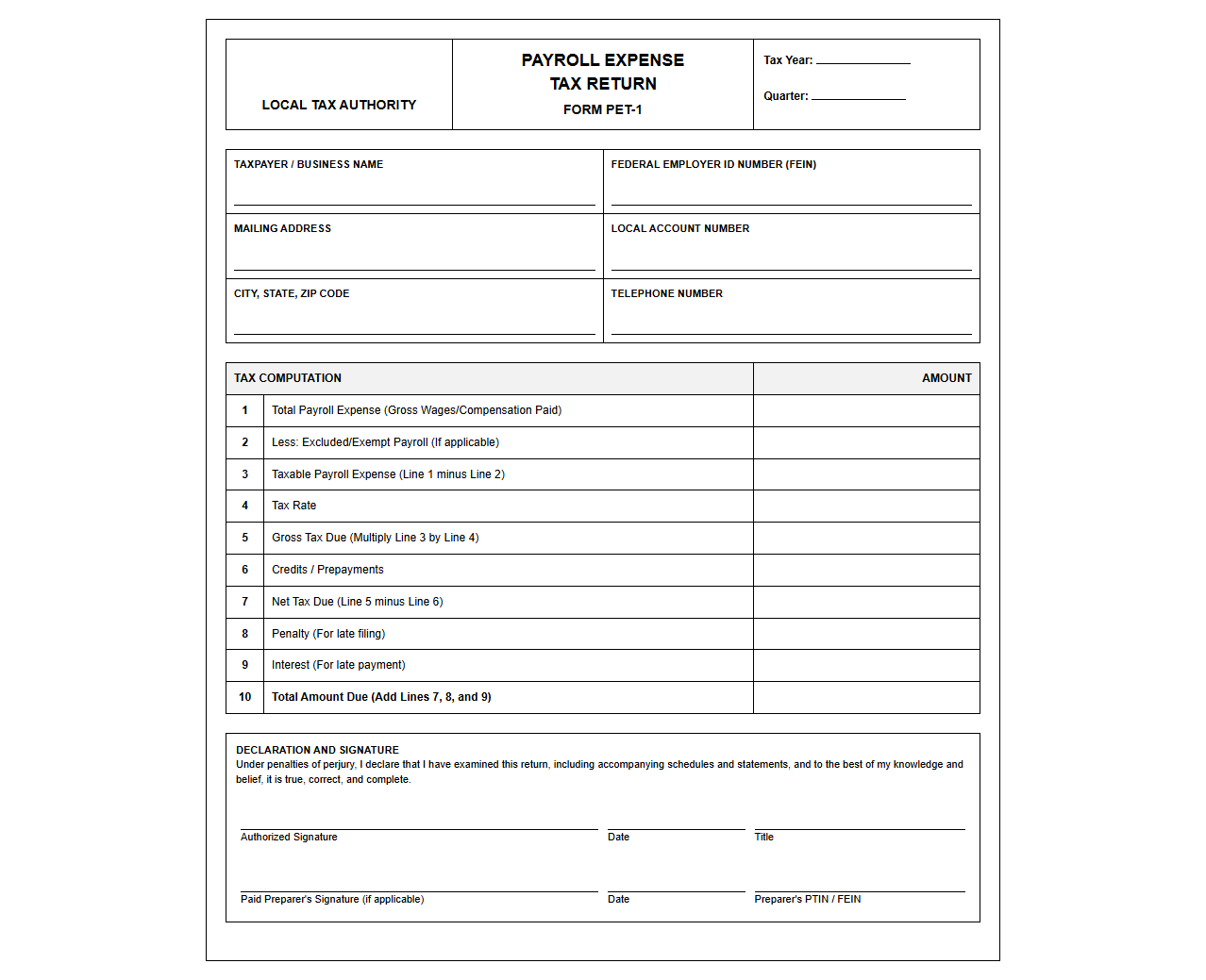 Local Payroll Expense Tax Return Template
