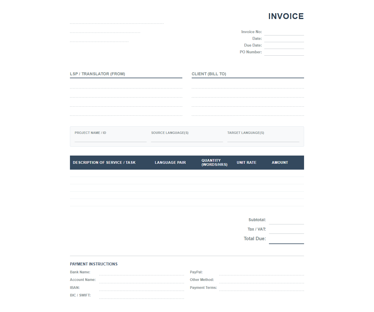Localization and Translation Invoice Sheet