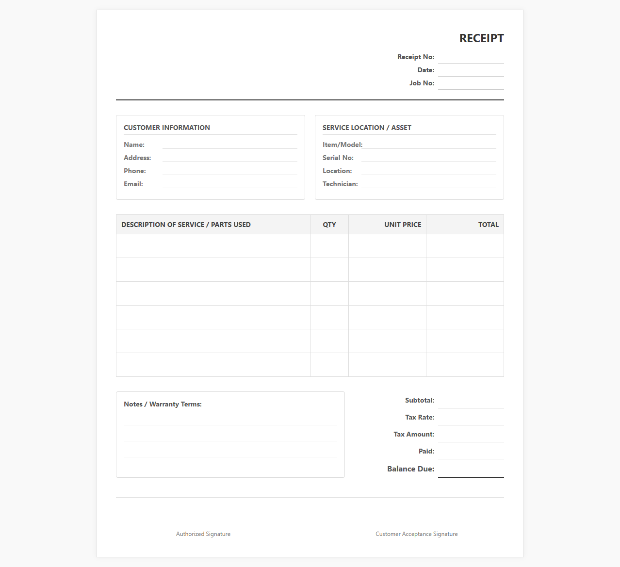 Maintenance and Repair Service Receipt Template