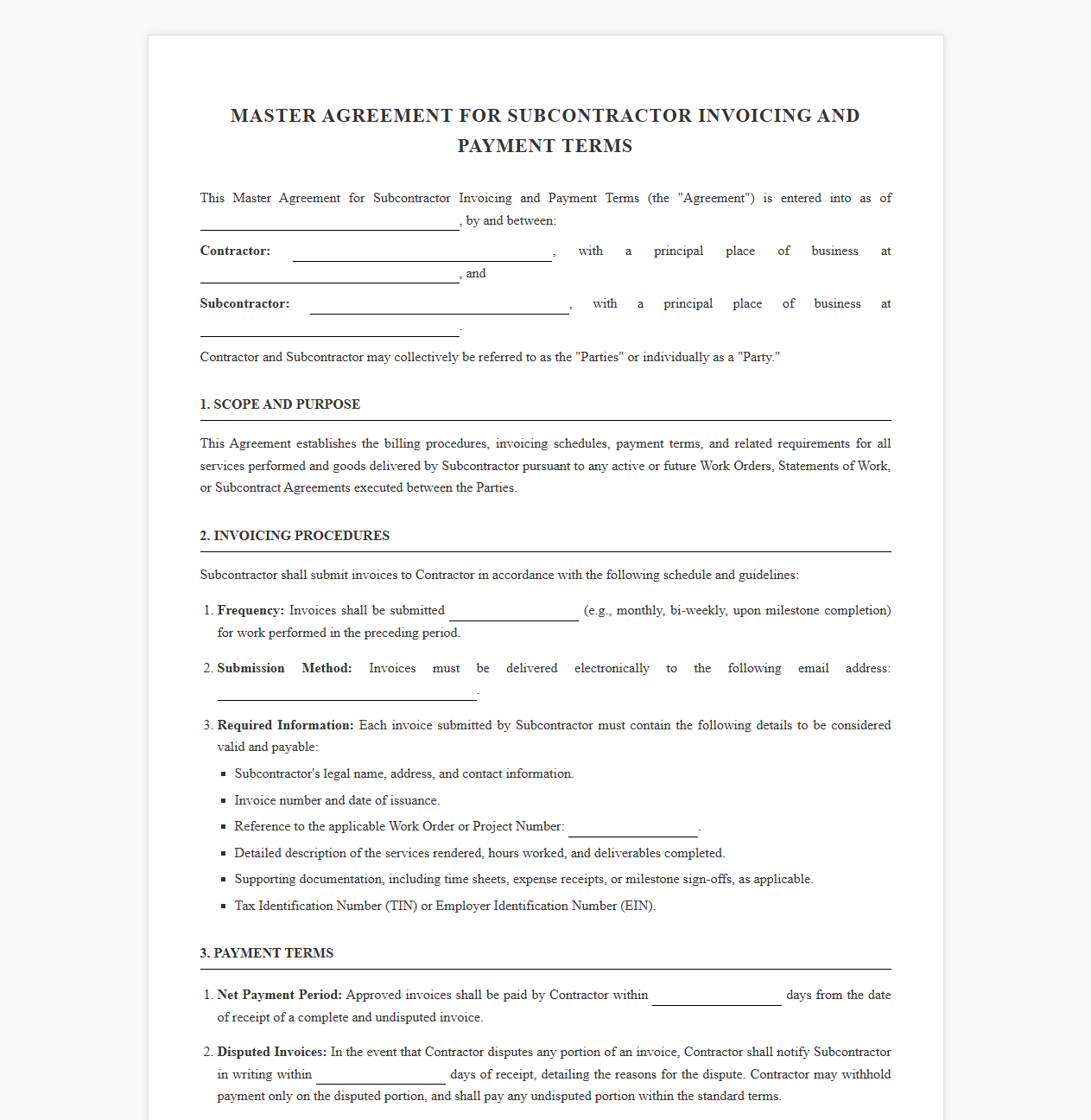 Master Agreement for Subcontractor Invoicing and Payment
