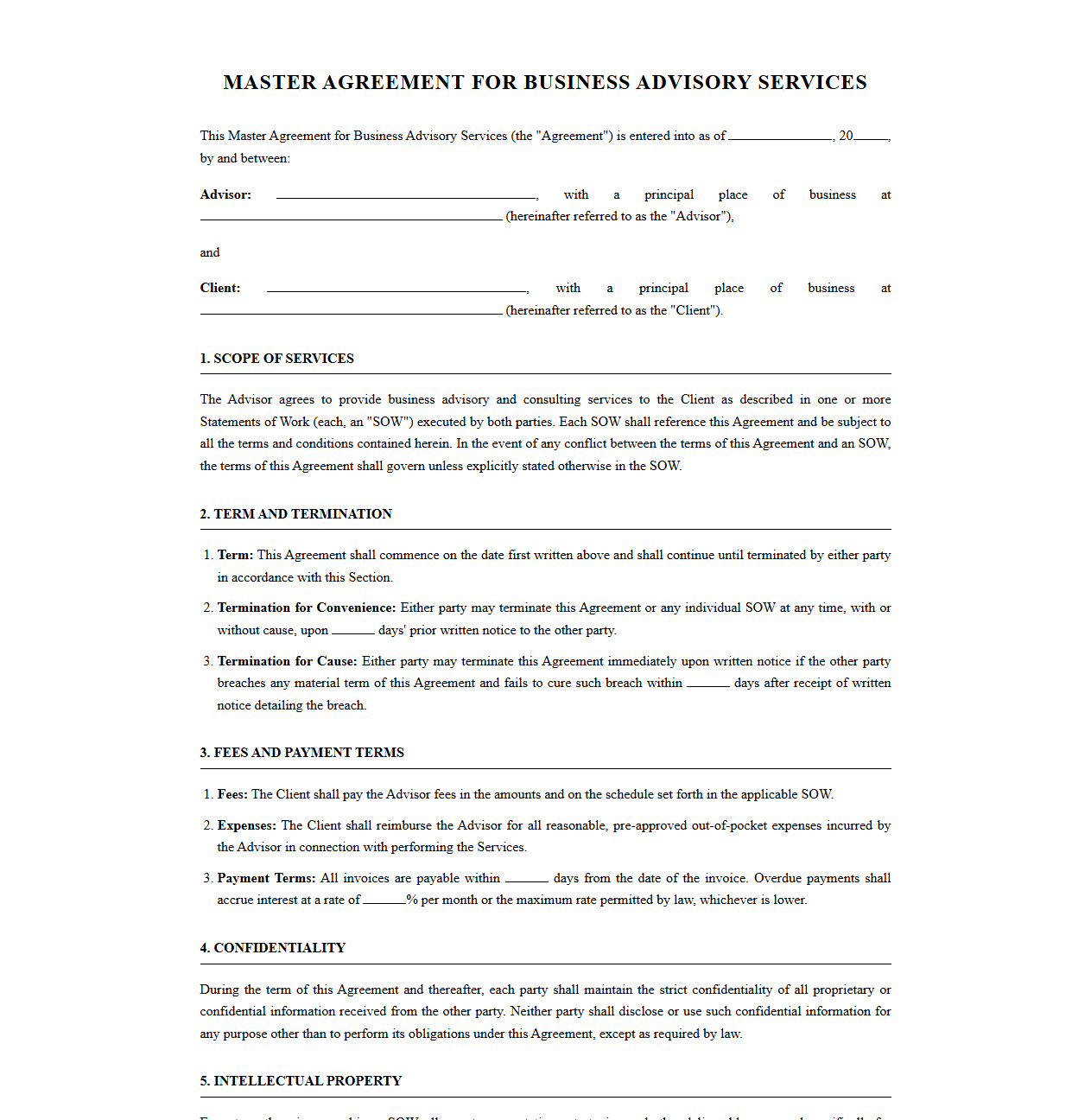 Master Agreement Template for Business Advisory Services