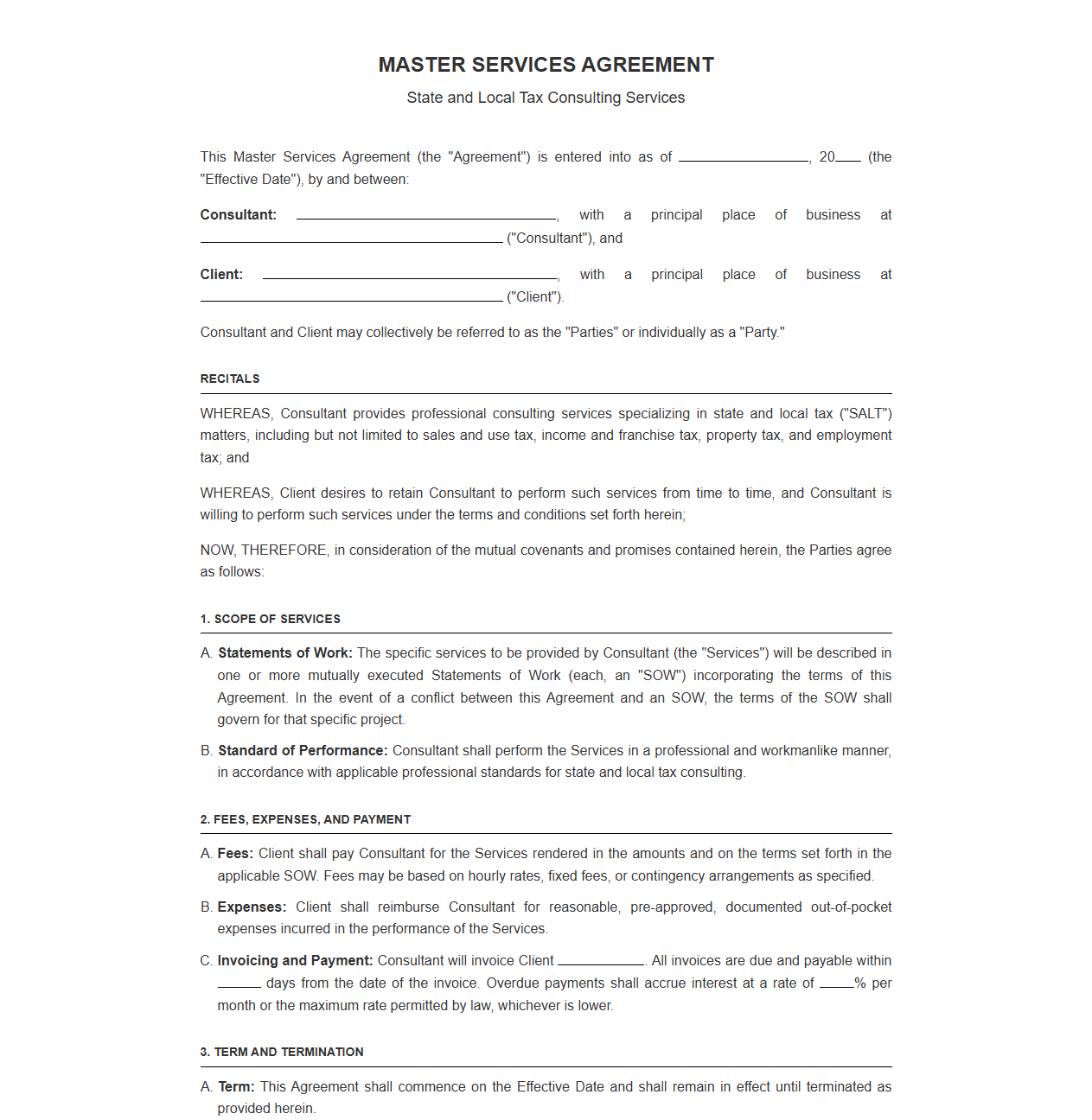 Master Services Agreement for State and Local Tax