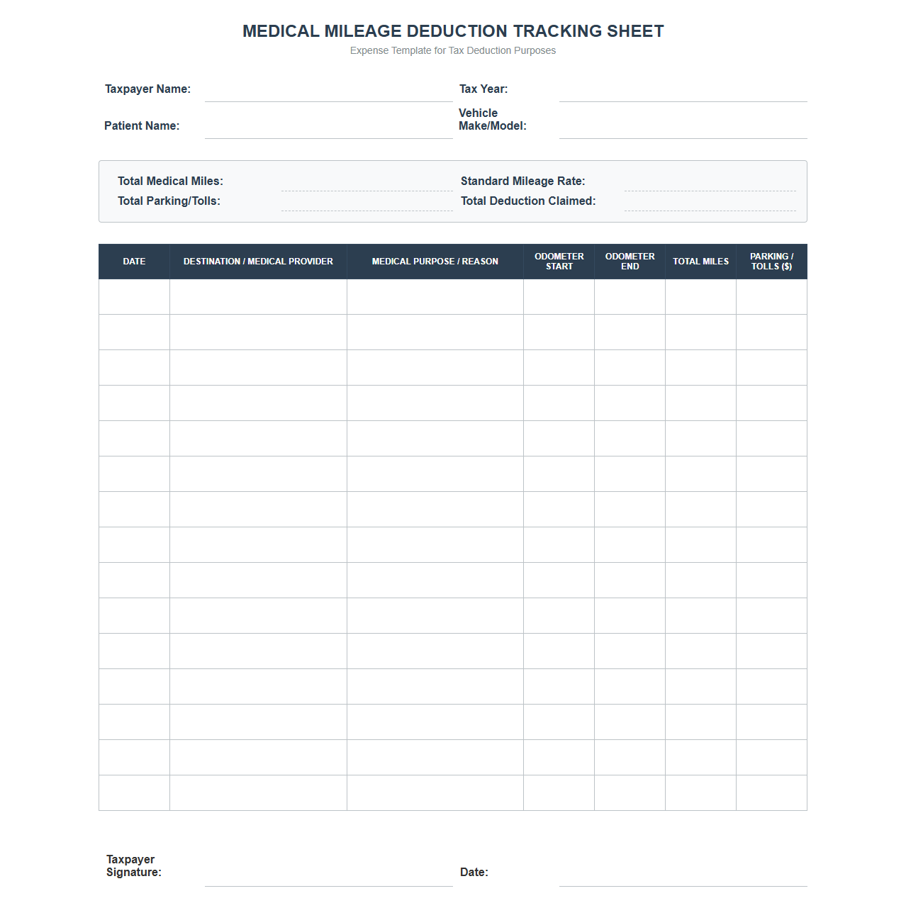Medical Mileage Deduction Tracking Sheet