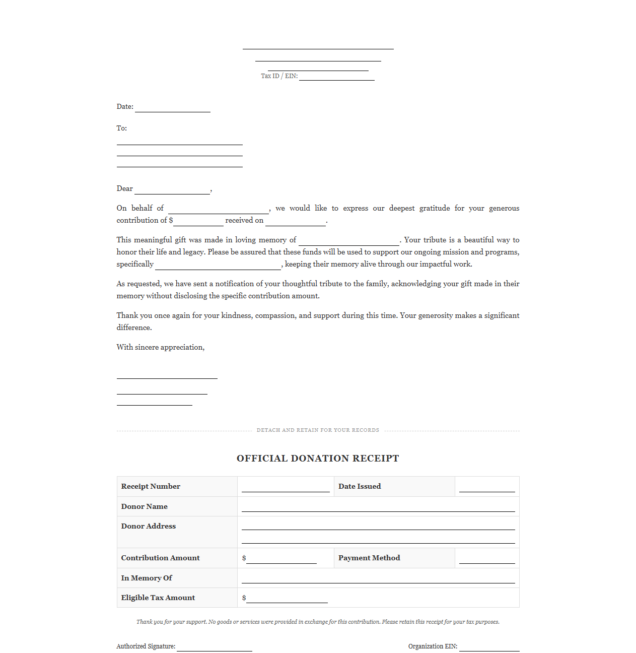 Memorial Donation Receipt and Thank You Letter Template