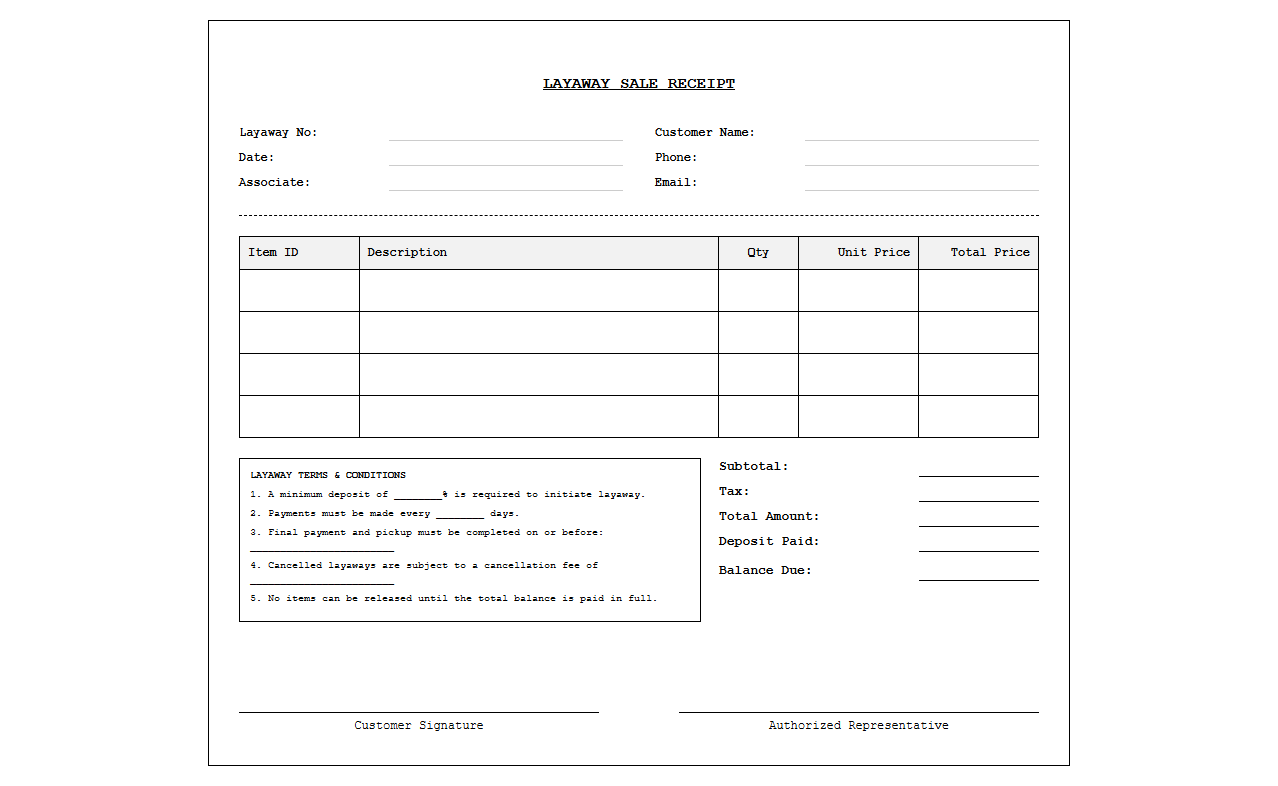 Merchandising Layaway Sale Receipt Template