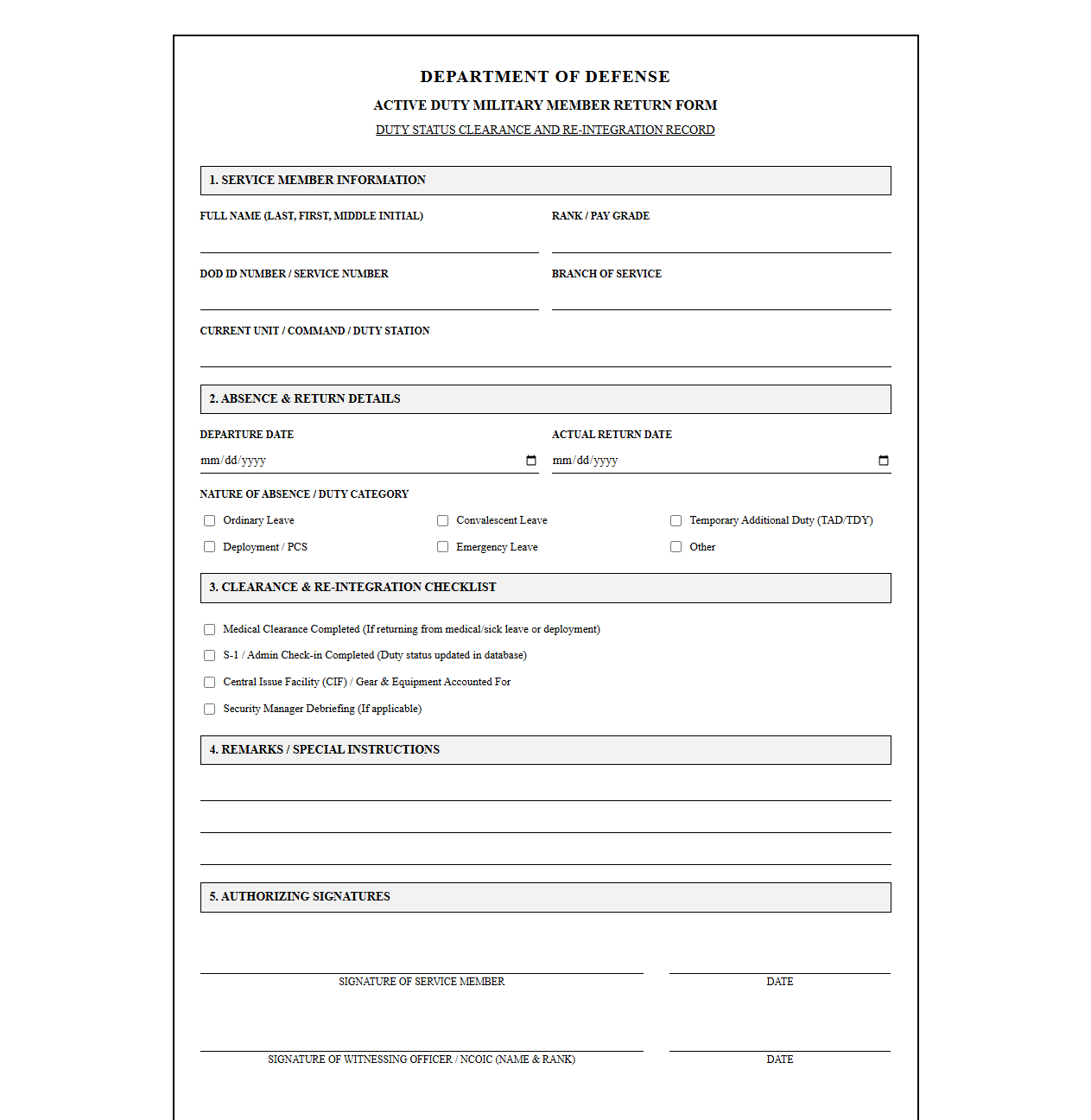 Military Service Member Active Duty Return Form