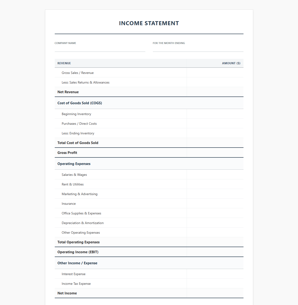 Monthly Business Income Statement Template