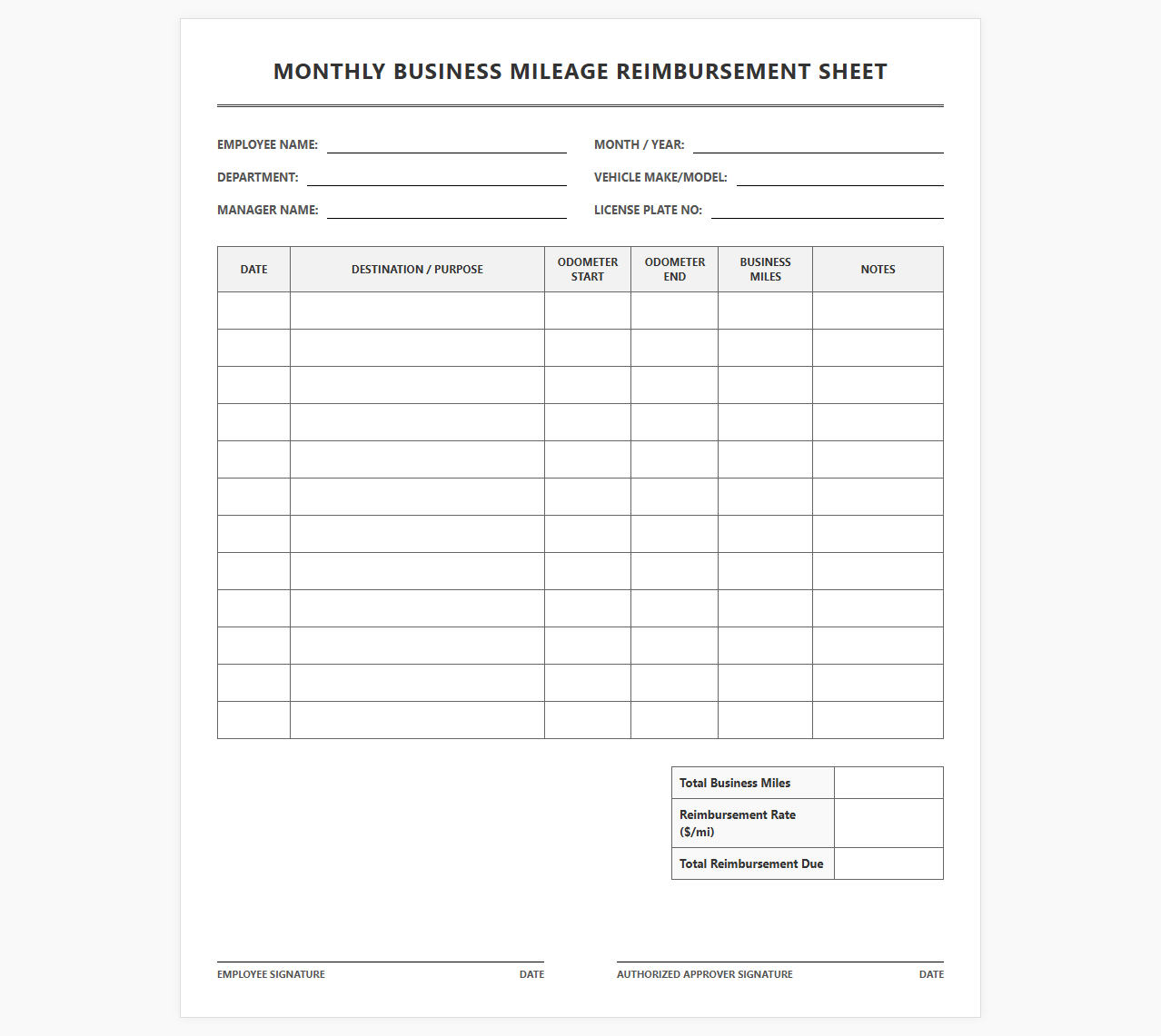 Monthly Business Mileage Reimbursement Sheet